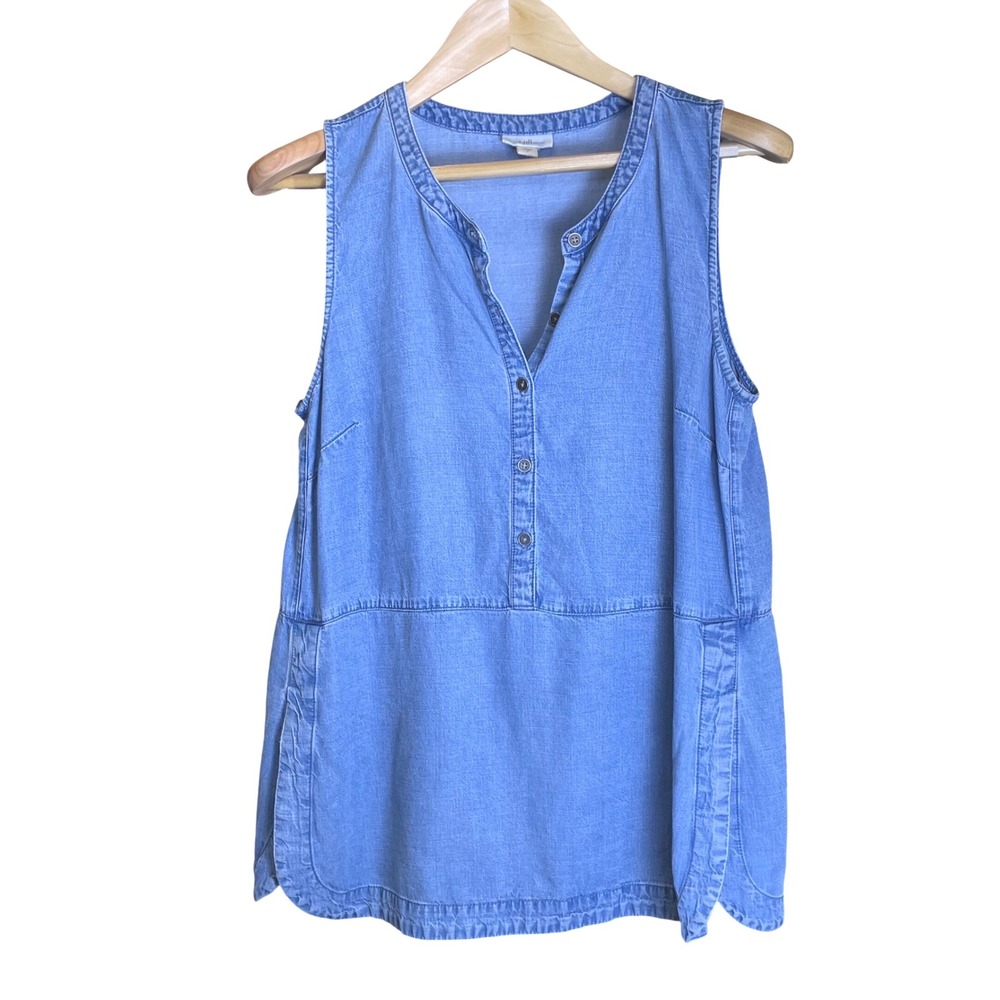 J. Jill Denim Women S Blue Tencel Linen Blend Sleeveless V-Neck Tunic Top *Read